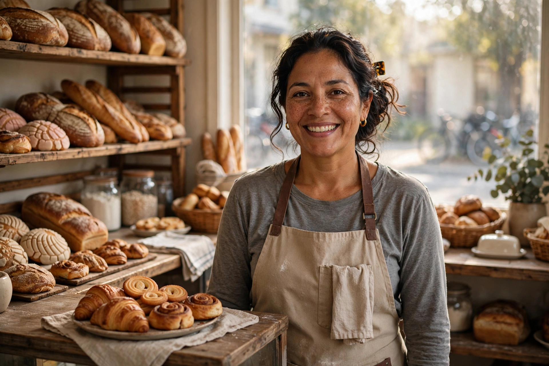 Smiling bakery owner standing behind the counter of her neighborhood bakery