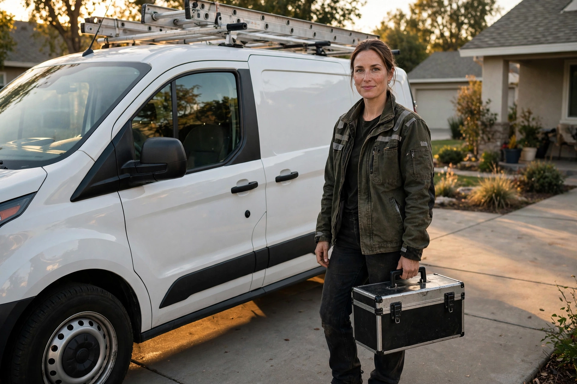 Home-services contractor with her work van and toolbox