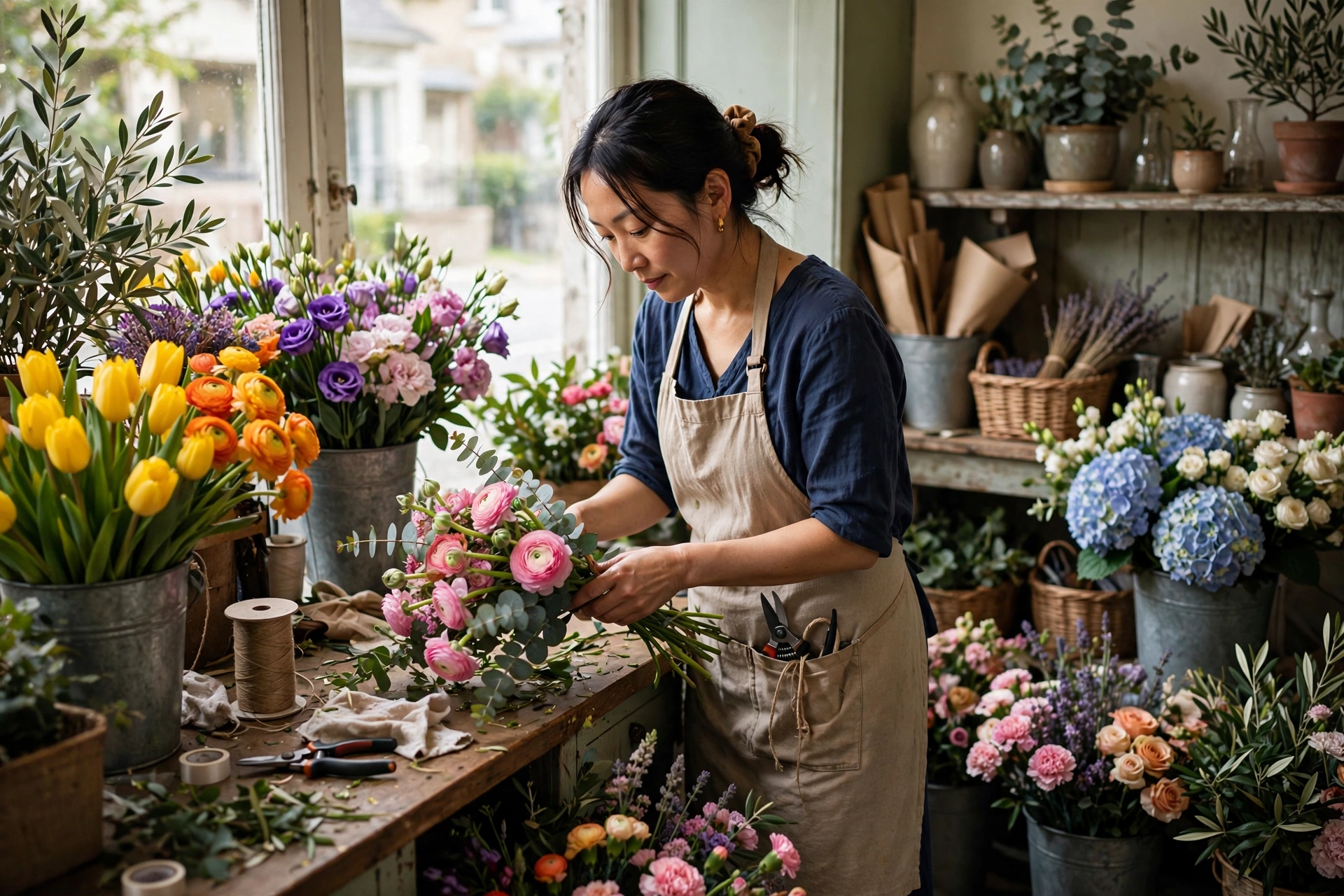 Florist arranging flowers at her small shop counter